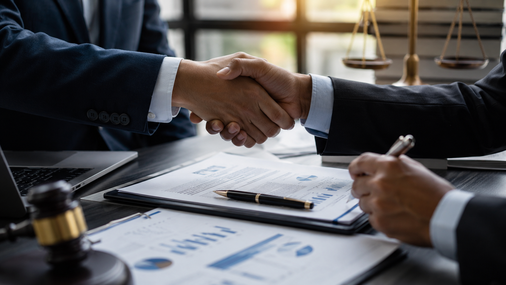 Profesionales formalizando un acuerdo durante una licitación de contratos